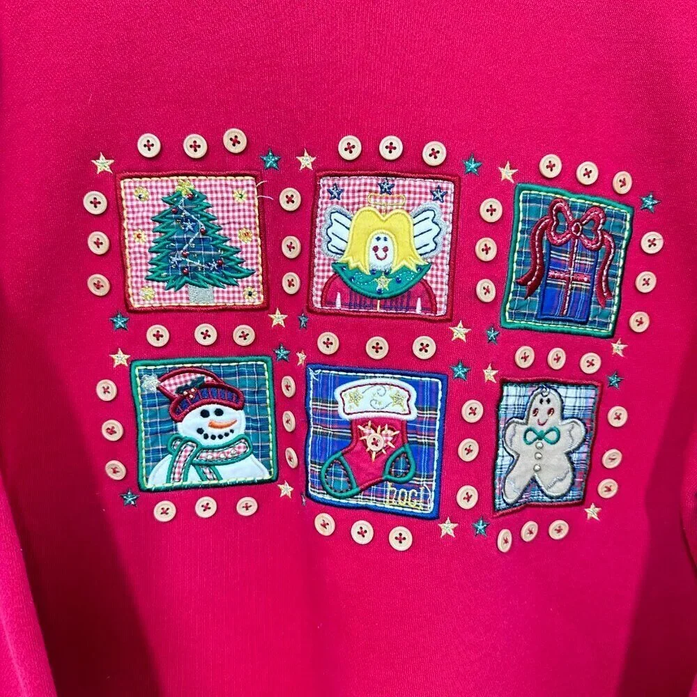 Vintage Holiday Winter Christmas Sweatshirt‎ Embroidered Quilted Red Adorable PS - Picture 10 of 10